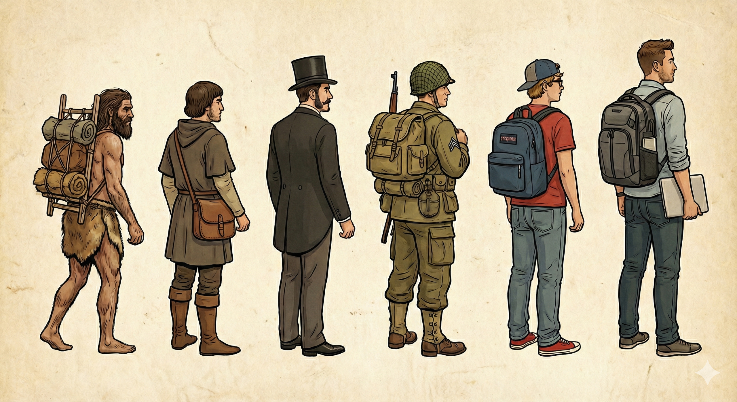 איור התפתחות התיק לאורך ההיסטוריה — מאדם קדמון עם צרור פרימיטיבי, דרך נוודים ימי ביניימיים, חייל עם תרמיל צבאי, ועד תיקי גב מודרניים